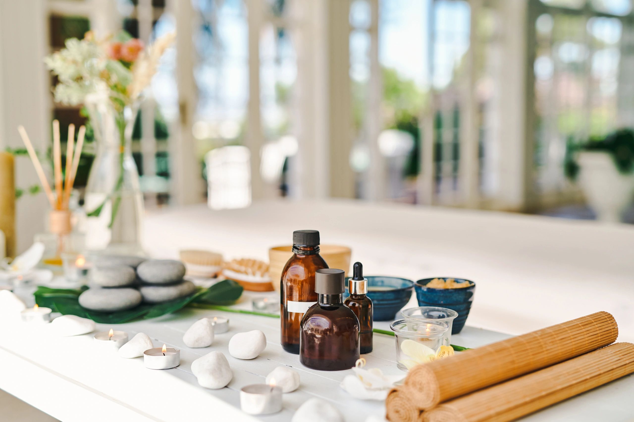 Shot of various items on a table at a beauty spa